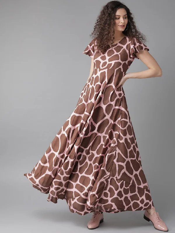 Women's  Pink & Brown Animal Printed Maxi Dress - AKS Stylish V-Neck Maxi Dress