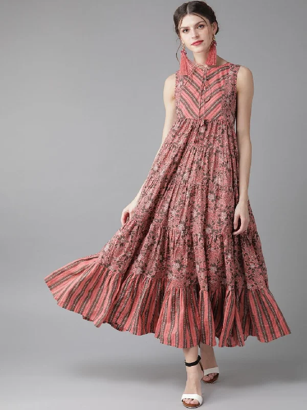 Women's  Pink & Charcoal Grey Printed Maxi Dress - AKS Cozy Knitted Maxi Dress