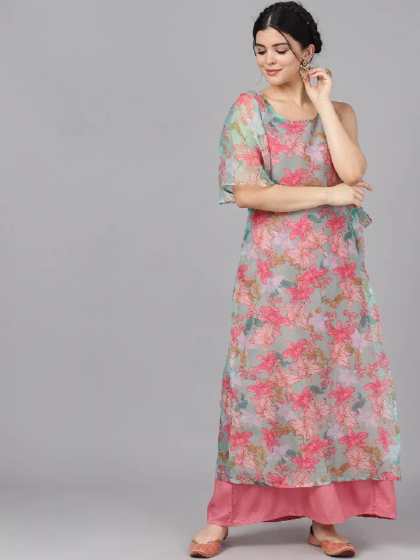 Women's Pink Floral Print Layered Maxi Dress - AKS Fashionable Button-Down Maxi Dress Women's Pink Floral Print Layered Maxi Dress - AKS Fashionable Button-Down Maxi Dress