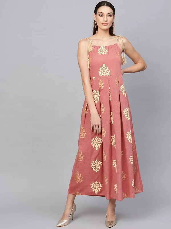 Women's  Pink & Golden Printed Maxi Dress - AKS Comfortable Casual Maxi Dress