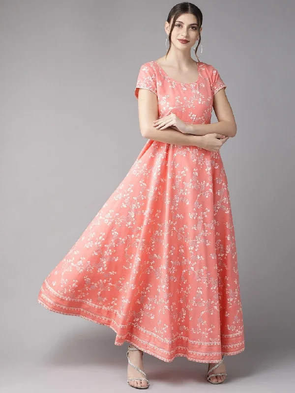 Women's  Pink & Off-White Khari Print Maxi Dress - AKS Classic V-Neck Maxi Dress