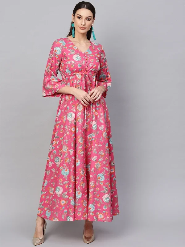 Women's Printed Pink & Blue Floral Print Maxi Dress - AKS Elegant Maxi Dress with Pockets Women's Printed Pink & Blue Floral Print Maxi Dress - AKS Elegant Maxi Dress with Pockets