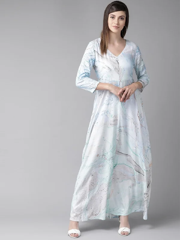 Women's Sea Green & Blue Printed Maxi Dress - AKS Fashionable Off-Shoulder Maxi Dress Women's Sea Green & Blue Printed Maxi Dress - AKS Fashionable Off-Shoulder Maxi Dress