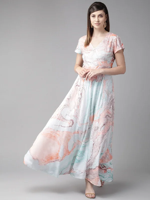 Women's  Sea Green & Coral Pink Printed Maxi Dress - AKS Elegant Lace Maxi Dress