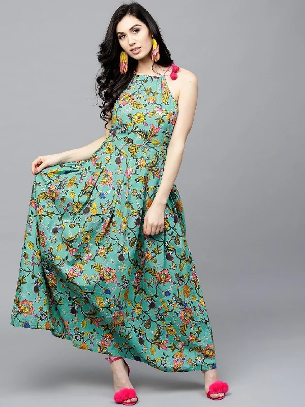 Women's  Sea Green & Yellow Printed Maxi Dress - AKS Elegant Boho Maxi Dress
