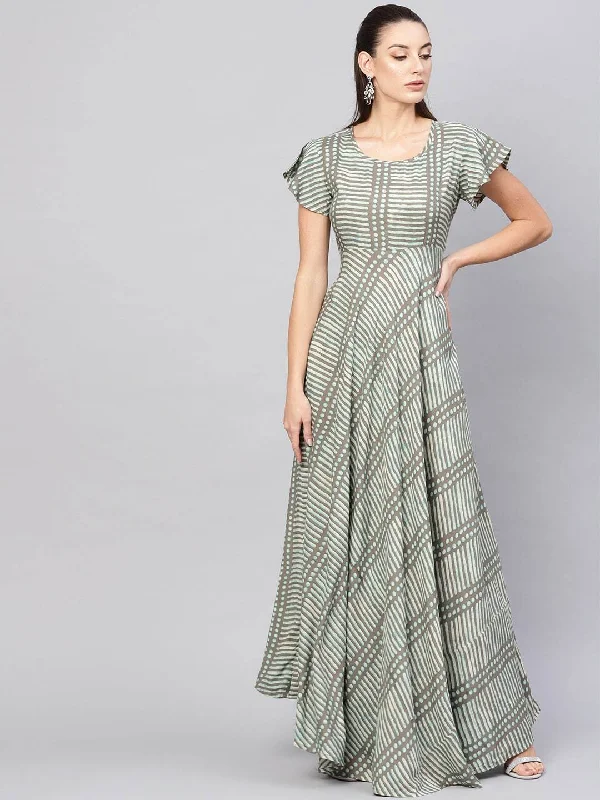 Women's  Taupe & Green Printed Maxi Dress - AKS Comfortable Satin Maxi Dress