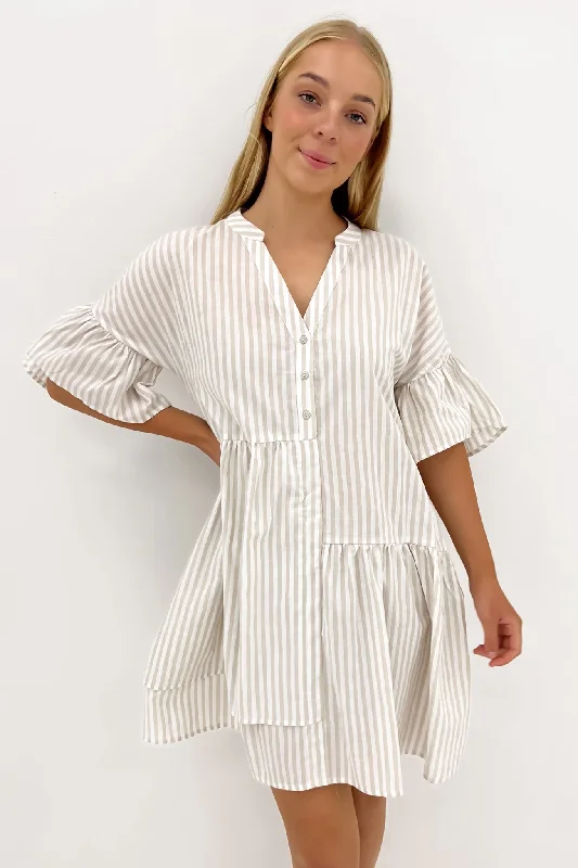 Amirah Mini Dress Beige Stripe Classic Casual Mini Dress