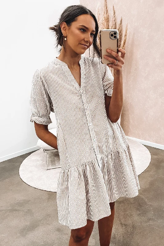 Archer Mini Dress Beige Stylish Puff Sleeve Mini Dress