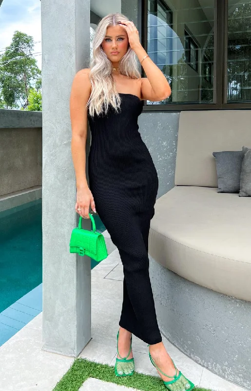 Ava Black Strapless Knit Maxi Dress Stylish Off-Shoulder Maxi Dress