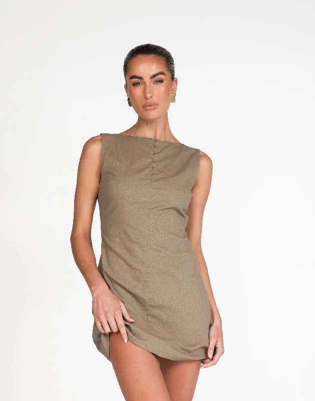 Basira Mini Dress (Mushroom) Trendy Floral Mini Dress