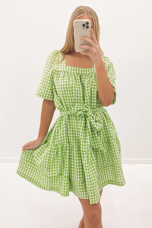 Bec Mini Dress Green Check Fashionable Lace-Trim Mini Dress