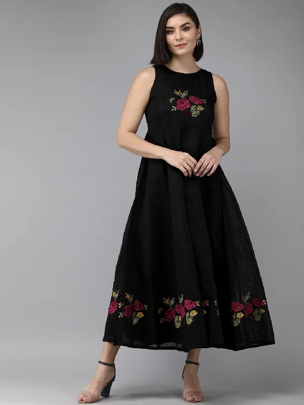 Women's Black Embroidered Chanderi Silk Maxi Dress - Bhama Couture Fashionable Asymmetrical Maxi Dress Women's Black Embroidered Chanderi Silk Maxi Dress - Bhama Couture Fashionable Asymmetrical Maxi Dress