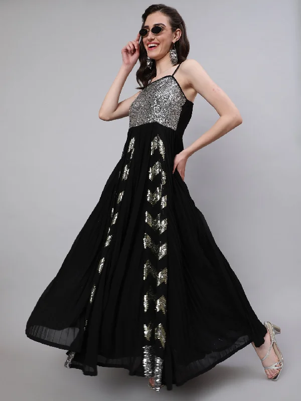 Women's Black Sequin Pleated Maxi Dress - Aks Elegant Maxi Dress with Slit