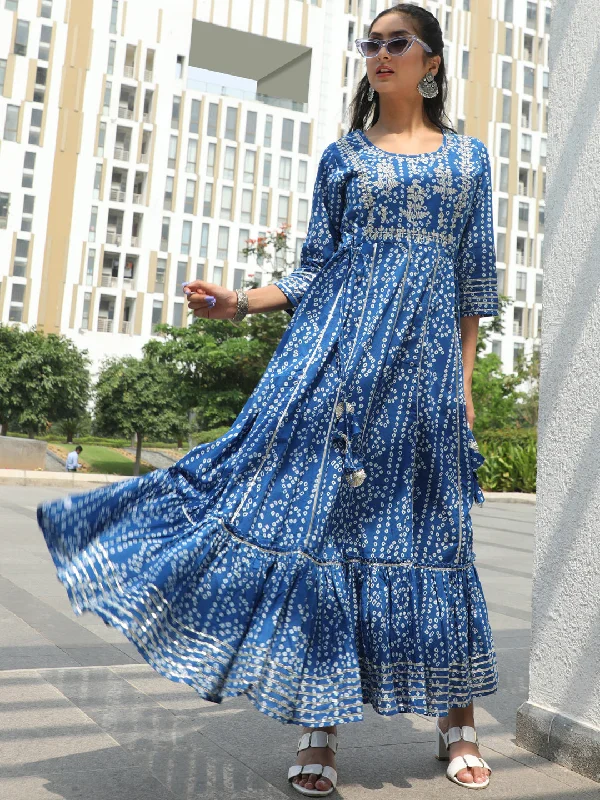 Women's Blue Bandhani Print Maxi Dress - Aks Chic Summer Floral Maxi Dress