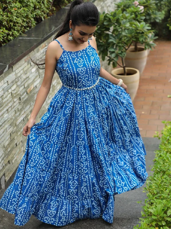 Women's Blue Bandhani Print Tiered Maxi Dress - Aks Classic Strapless Maxi Dress