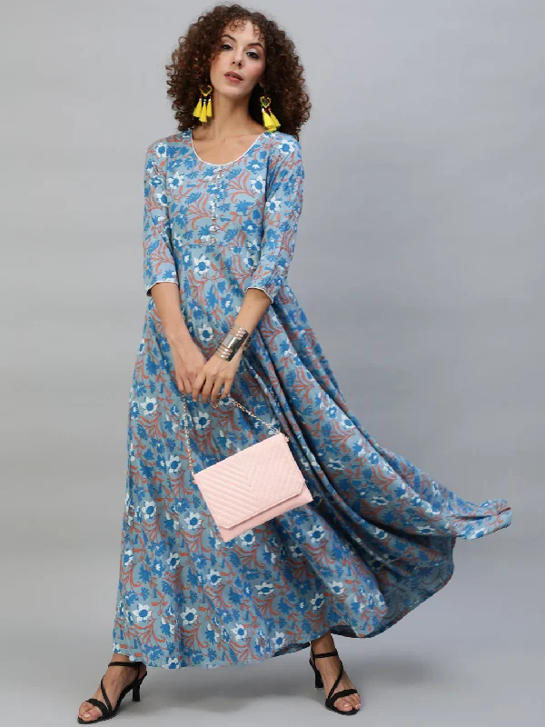 Women's Blue Floral Print Flared Maxi Dress - Aks Trendy Maxi Dress with Straps