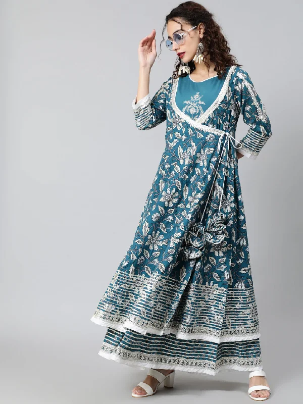 Women's Blue Floral Print Layered Maxi Dress - Aks Comfortable Flowy Maxi Dress