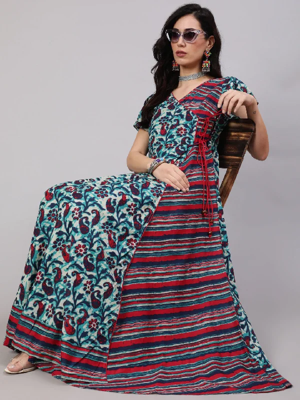 Women's Blue Floral Print Layered Maxi Dress - Aks Chic Off-Shoulder Maxi Dress