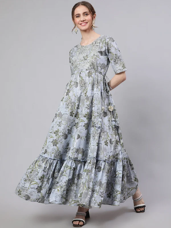 Women's Blue Floral Print Maxi Dress - Aks Stylish Empire Waist Maxi Dress