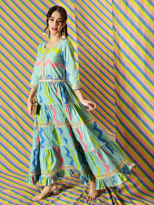 Women's Blue Leheriya Print Lace Work Tiered Maxi Dress - Aks Elegant Maxi Dress with Pockets Women's Blue Leheriya Print Lace Work Tiered Maxi Dress - Aks Elegant Maxi Dress with Pockets