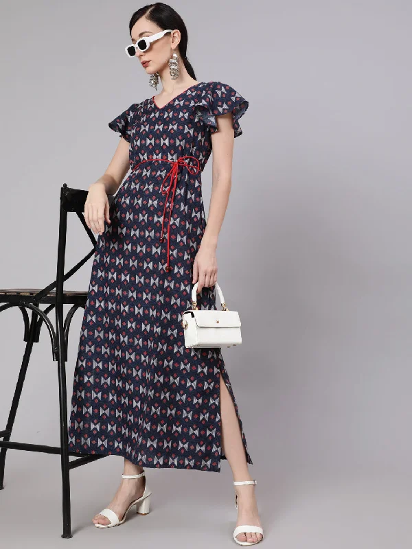Women's Blue & Maroon Printed Side Slit Maxi Dress - Aks Fashionable Halter Neck Maxi Dress Women's Blue & Maroon Printed Side Slit Maxi Dress - Aks Fashionable Halter Neck Maxi Dress