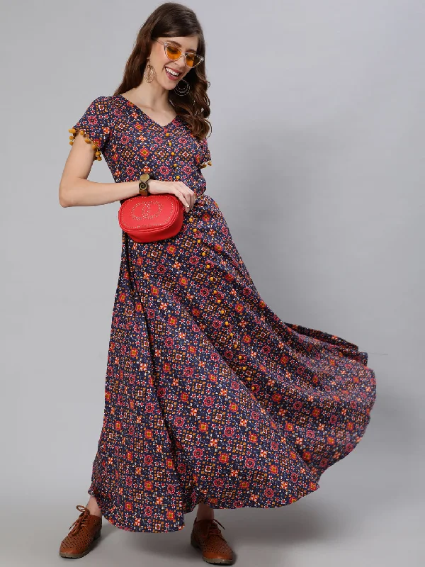Women's Blue Patola Print Flared Maxi Dress - Aks Elegant Maxi Dress with Drapes
