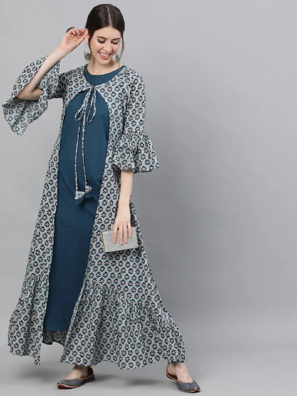 Women's Blue Printed Double Layered Maxi Dress - Aks Elegant Floral Maxi Dress