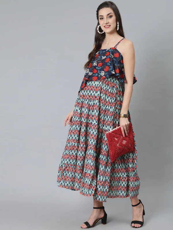 Women's Blue Printed Maxi Dress With Cape Top - Aks Elegant Maxi Dress with Lace