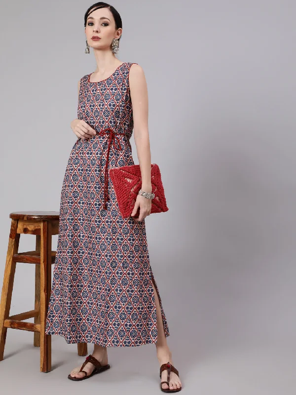 Women's Blue Printed Side Slit Maxi Dress - Aks Trendy Off-Shoulder Ruffle Maxi Dress Women's Blue Printed Side Slit Maxi Dress - Aks Trendy Off-Shoulder Ruffle Maxi Dress