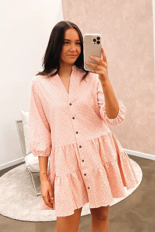 Boneca Mini Dress Pink Check Comfortable Boho Mini Dress