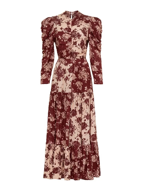 Brie Knit Maxi Dress In Burgundy Floral Comfortable Maxi Dress with Slits