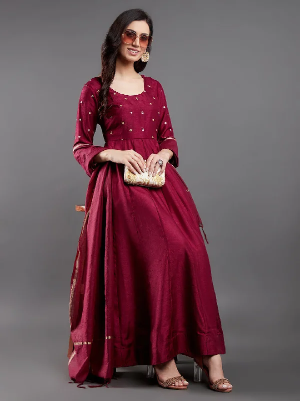 Women's Burgundy Embroidered Maxi Dress With Dupatta - Aks Cozy Spaghetti Strap Maxi Dress Women's Burgundy Embroidered Maxi Dress With Dupatta - Aks Cozy Spaghetti Strap Maxi Dress