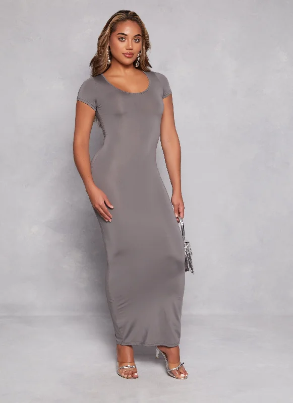 Basic Scoop Neck Short Sleeve Maxi Dress Trendy Ruffled Maxi Dress