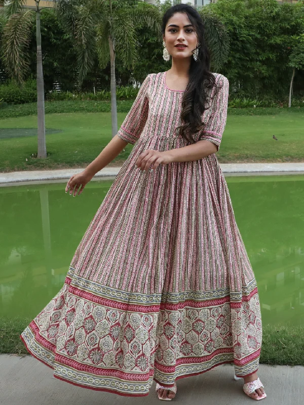 Women's Cream Printed Gathered Maxi Dress - Aks Stylish V-Neck Maxi Dress