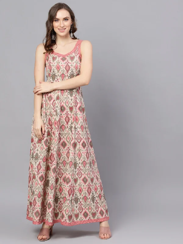 Women's Cream Printed Sleevless Maxi Dress - Aks Stylish Longline Maxi Dress
