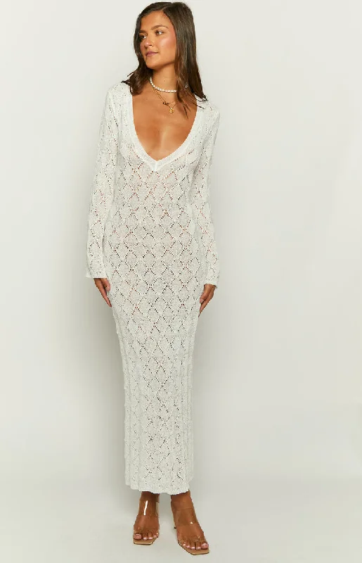 Drea White Backless Knit Maxi Dress Chic Boho Print Maxi Dress
