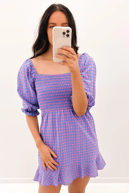 Elena Mini Dress Pink Blue Gingham Classic Floral Mini Dress