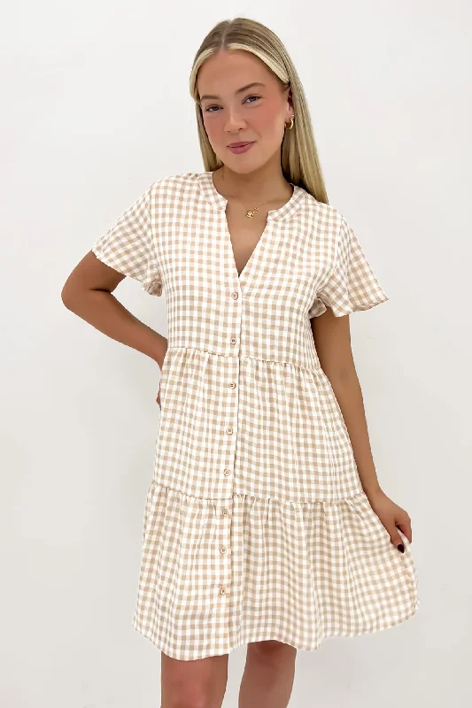 Elijah Mini Dress Latte Gingham Cozy A-Line Mini Dress