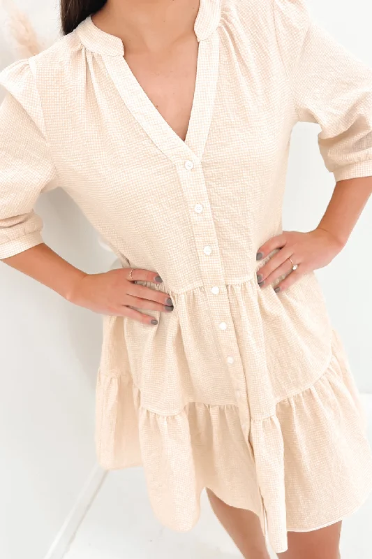 Etta Mini Dress Latte Check Casual Button-Up Mini Dress