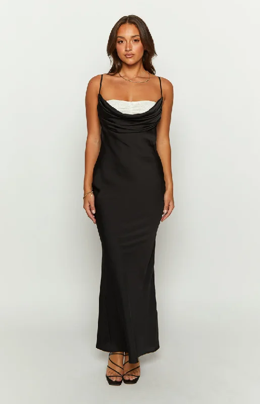 Evelyn Lace Detail Black Satin Maxi Dress Elegant Pleated Maxi Dress