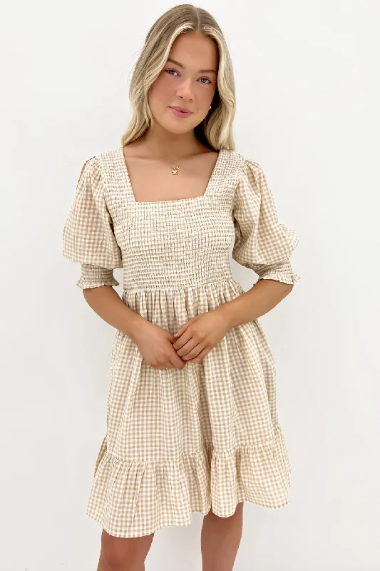 Florence Mini Dress Latte Gingham Modern Satin Mini Dress
