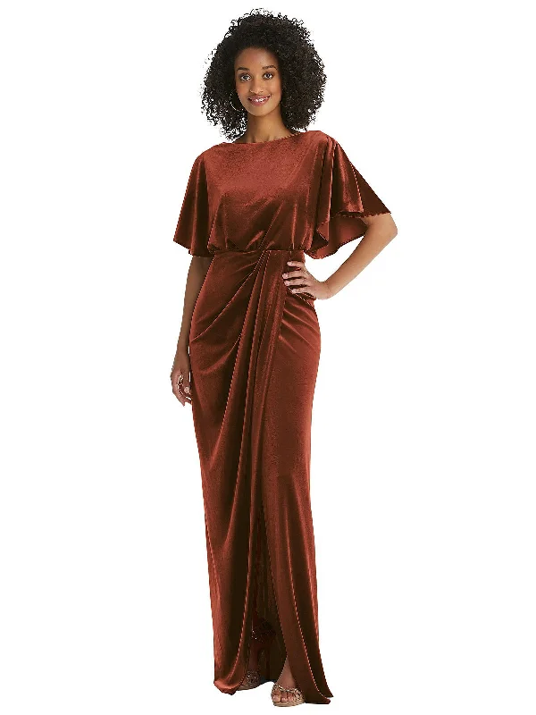 Flutter Sleeve Open-Back Velvet Maxi Dress with Draped Wrap Skirt Trendy Button Front Maxi Dress Flutter Sleeve Open-Back Velvet Maxi Dress with Draped Wrap Skirt Trendy Button Front Maxi Dress
