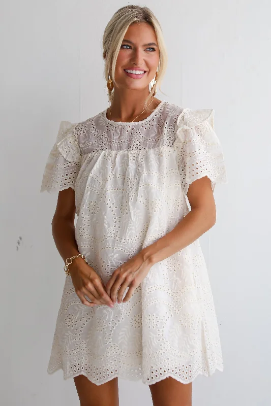 FINAL SALE - Goddess Aura Ivory Eyelet Mini Dress Cozy Satin Mini Dress