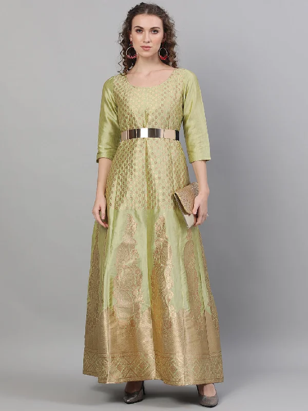 Women's Gold Jacquard Zari Work Maxi Dress - Aks Fashionable Printed Maxi Dress