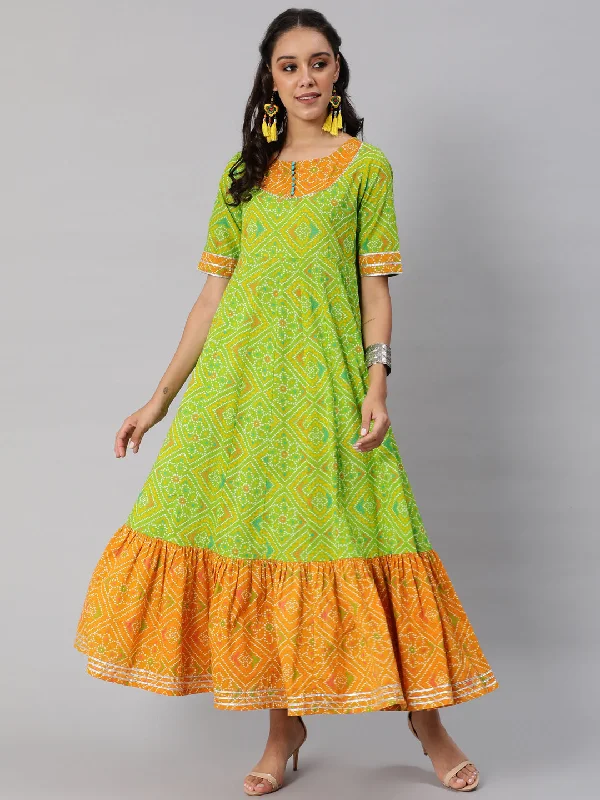 Women's Green Bandhani Print Flared Maxi Dress - Aks Fashionable Button-Down Maxi Dress Women's Green Bandhani Print Flared Maxi Dress - Aks Fashionable Button-Down Maxi Dress