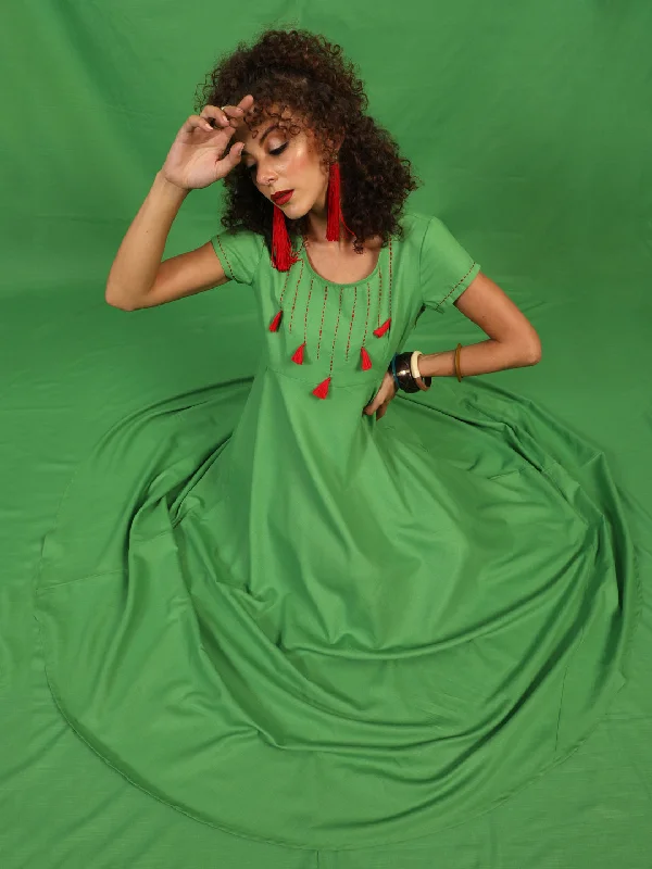Women's Green Maxi Dress With Thread Worked Yoke - Aks Elegant Velvet Maxi Dress