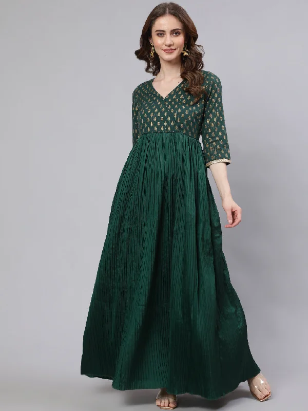 Women's Green Pleated Maxi Dress - Aks Fashionable Chiffon Tiered Maxi Dress