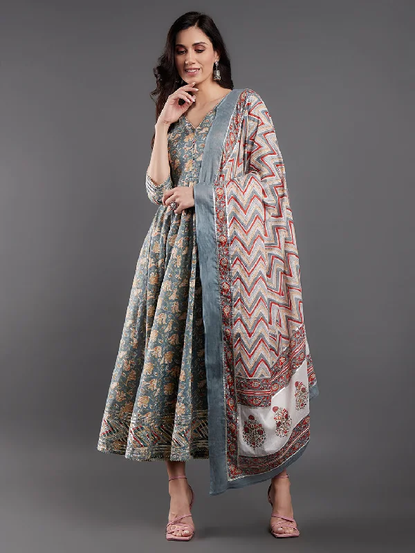 Women's Grey Floral Printed Maxi Dress With Dupatta - Aks Fashionable Sleeveless Maxi Dress Women's Grey Floral Printed Maxi Dress With Dupatta - Aks Fashionable Sleeveless Maxi Dress