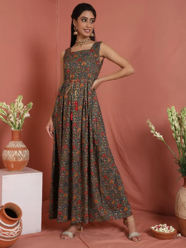 Women's Grey Gold Printed Box Pleated Maxi Dress - Aks Chic Summer Maxi Dress