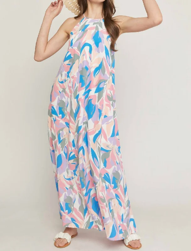 High Neck Sleeveless Maxi Dress In White Print Elegant Pleated Maxi Dress
